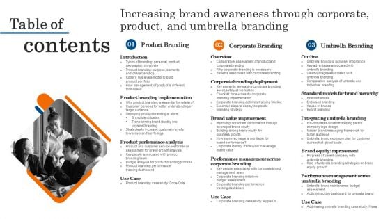 Table Of Contents Increasing Brand Awareness Through Corporate Product And Umbrella Branding Designs PDF Table Of Contents Increasing Brand Awareness Through Corporate Product And Umbrella Branding Designs PDF