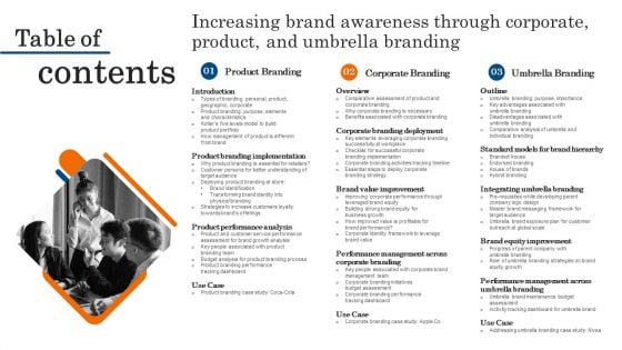 Table Of Contents Increasing Brand Awareness Through Corporate Product And Umbrella Branding Designs PDF