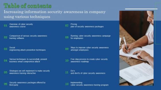 Table Of Contents Increasing Information Security Awareness In Company Using Various Techniques Clipart PDF