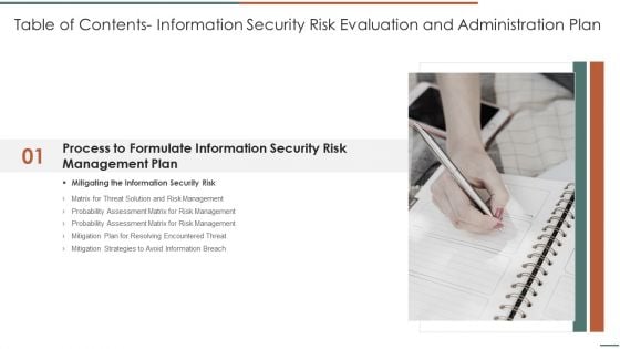 Table Of Contents Information Security Risk Evaluation And Administration Plan Slide Slides PDF