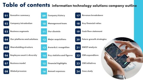 Table Of Contents Information Technology Solutions Company Outline Designs PDF Table Of Contents Information Technology Solutions Company Outline Designs PDF