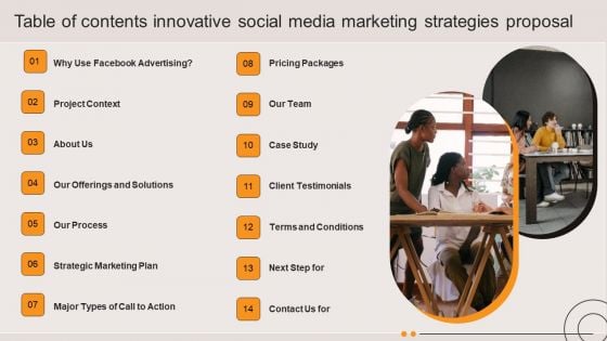 Table Of Contents Innovative Social Media Marketing Strategies Proposal Infographics PDF Table Of Contents Innovative Social Media Marketing Strategies Proposal Infographics PDF