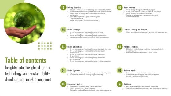 Table Of Contents Insights Into The Global Green Technology And Sustainability Development Market Segment Formats PDF