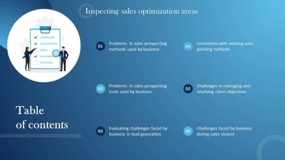 Table Of Contents Inspecting Sales Optimization Areas Ppt Professional Background Designs PDF