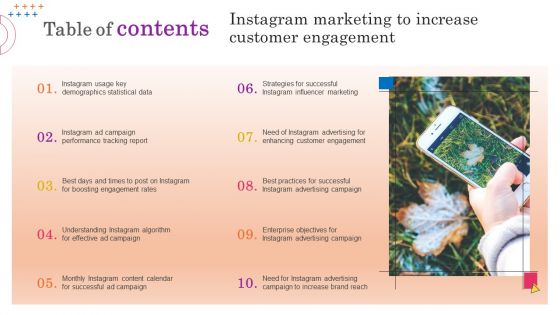 Table Of Contents Instagram Marketing To Increase Customer Engagement Mockup PDF Table Of Contents Instagram Marketing To Increase Customer Engagement Mockup PDF