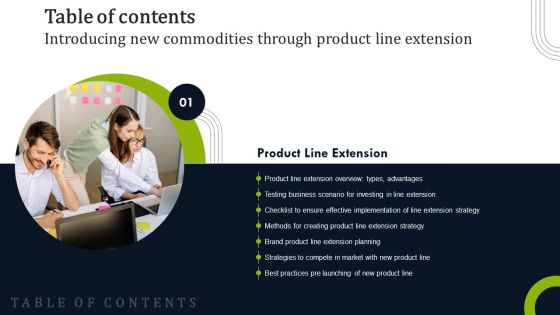 Table Of Contents Introducing New Commodities Through Product Line Extension Slide Mockup PDF