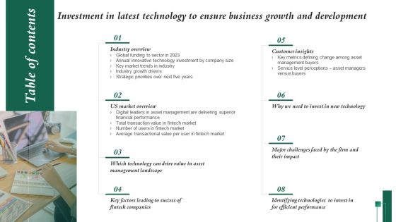 Table Of Contents Investment In Latest Technology To Ensure Business Growth And Development Demonstration PDF