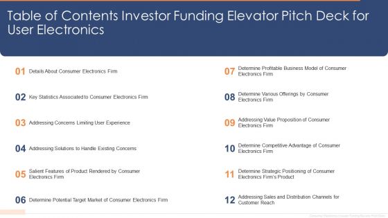 Table Of Contents Investor Funding Elevator Pitch Deck For User Electronics Guidelines PDF