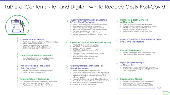 Table Of Contents Iot And Digital Twin To Reduce Costs Post Covid Background PDF