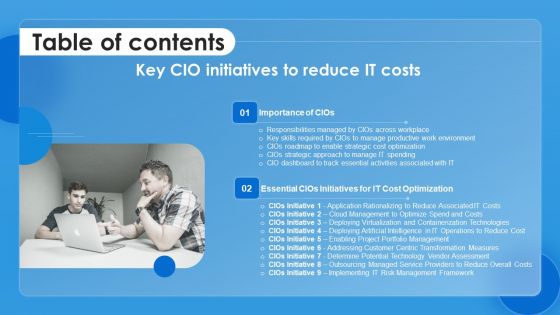 Table Of Contents Key CIO Initiatives To Reduce IT Costs Clipart PDF