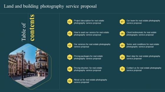 Table Of Contents Land And Building Photography Service Proposal Ppt File Summary PDF