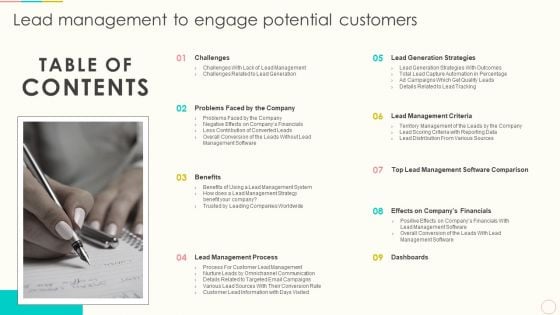 Table Of Contents Lead Management To Engage Potential Customers Introduction PDF