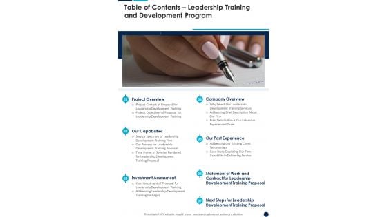 Table Of Contents Leadership Training And Development Program One Pager Sample Example Document Table Of Contents Leadership Training And Development Program One Pager Sample Example Document