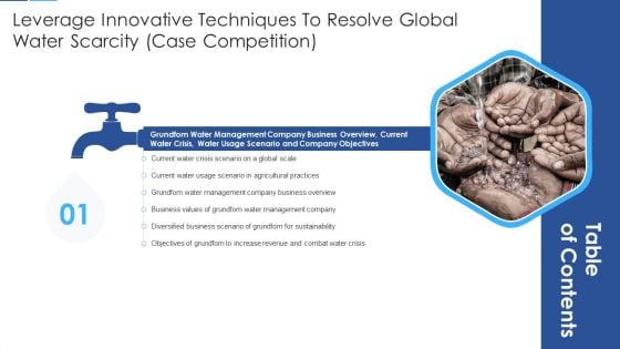 Table Of Contents Leverage Innovative Techniques Resolve Global Water Scarcity Case Competition Slide Infographics PDF