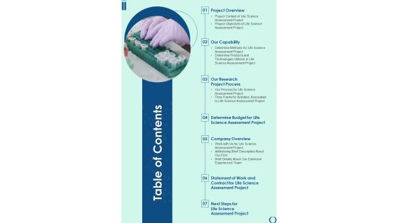 Table Of Contents Life Science Assessment Project Proposal One Pager Sample Example Document Table Of Contents Life Science Assessment Project Proposal One Pager Sample Example Document