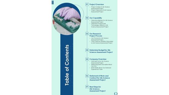 Table Of Contents Life Science Assessment Project Proposal One Pager Sample Example Document