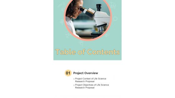 Table Of Contents Life Science Research Proposal One Pager Sample Example Document