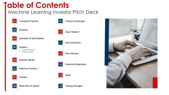 Table Of Contents Machine Learning Investor Pitch Deck Ppt Inspiration Introduction PDF