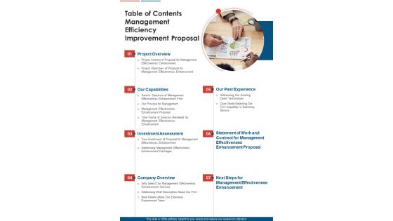Table Of Contents Management Efficiency Improvement Proposal One Pager Sample Example Document