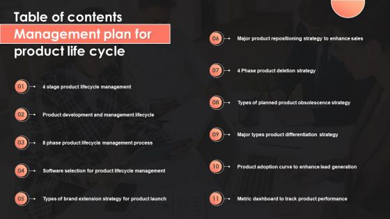 Table Of Contents Management Plan For Product Life Cycle Template PDF