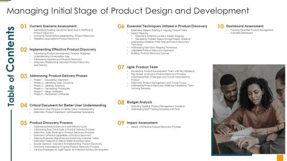 Table Of Contents Managing Initial Stage Of Product Design And Development Mockup PDF