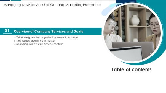 Table Of Contents Managing New Service Roll Out And Marketing Procedure Key Clipart PDF