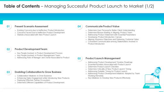 Table Of Contents Managing Successful Product Launch To Market Assessment Brochure PDF