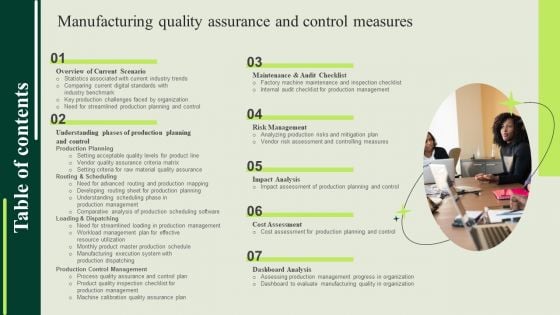 Table Of Contents Manufacturing Quality Assurance And Control Measures Graphics PDF