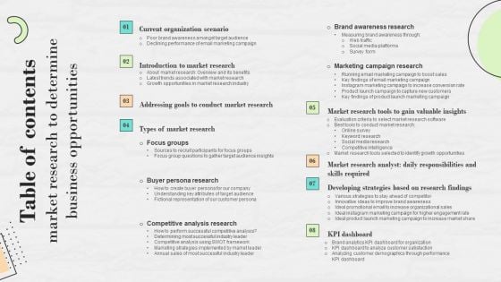 Table Of Contents Market Research To Determine Business Opportunities Brochure PDF