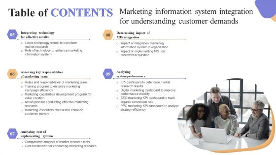 Table Of Contents Marketing Information System Integration Understanding Customer Demands Icons PDF