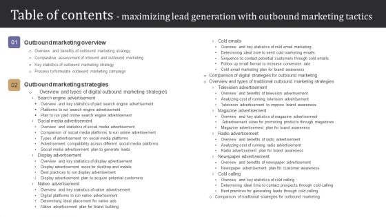 Table Of Contents Maximizing Lead Generation With Outbound Marketing Tactics Introduction PDF Table Of Contents Maximizing Lead Generation With Outbound Marketing Tactics Introduction PDF