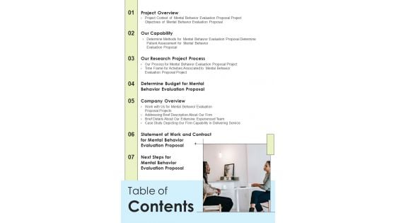 Table Of Contents Mental Behavior Evaluation Proposal One Pager Sample Example Document Table Of Contents Mental Behavior Evaluation Proposal One Pager Sample Example Document