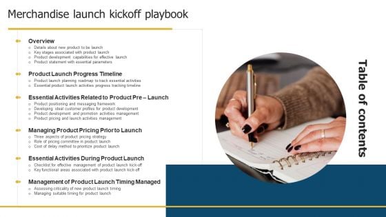 Table Of Contents Merchandise Launch Kickoff Playbook Information PDF