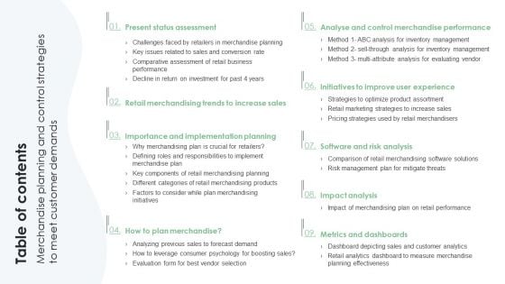 Table Of Contents Merchandise Planning And Control Strategies To Meet Customer Demands Icons PDF