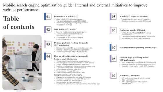 Table Of Contents Mobile Search Engine Optimization Guide Internal External Initiatives Improve Website Performance Diagrams PDF