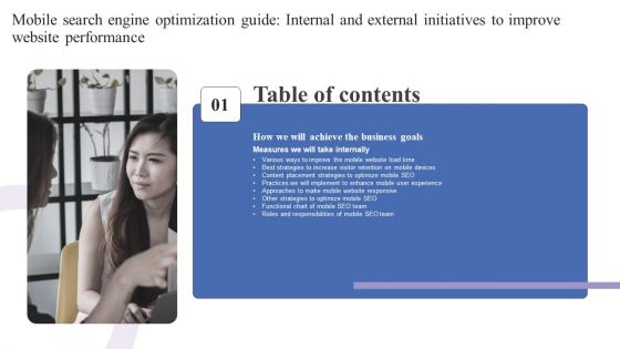 Table Of Contents Mobile Search Engine Optimization Guide Internal External Initiatives Improve Website Performance Slide Slides PDF
