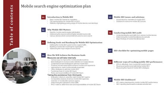 Table Of Contents Mobile Search Engine Optimization Plan Information PDF