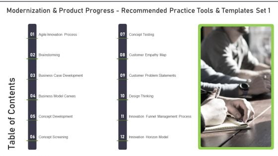 Table Of Contents Modernization And Product Progress Recommended Practice Tools Mockup PDF