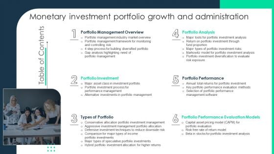 Table Of Contents Monetary Investment Portfolio Growth And Administration Clipart PDF