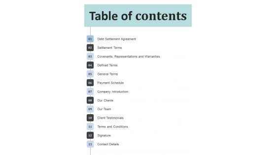 Table Of Contents Moneylenders To Consider Loan Settlement One Pager Sample Example Document