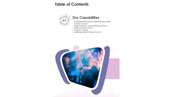 Table Of Contents Music Concert Funding Proposal One Pager Sample Example Document