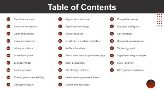 Table Of Contents Netflix Company Outline Professional PDF
