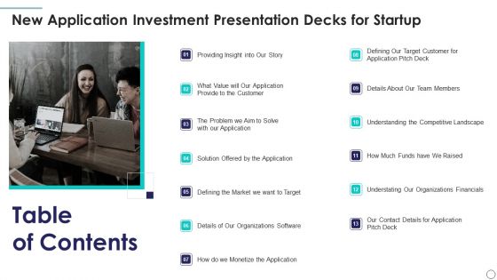 Table Of Contents New Application Investment Presentation Decks For Startup Microsoft PDF