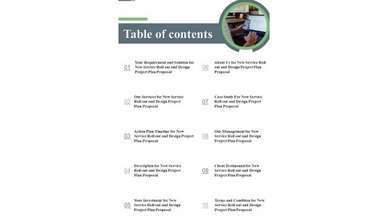 Table Of Contents New Service Roll Out And Design Project Plan Proposal One Pager Sample Example Document Table Of Contents New Service Roll Out And Design Project Plan Proposal One Pager Sample Example Document
