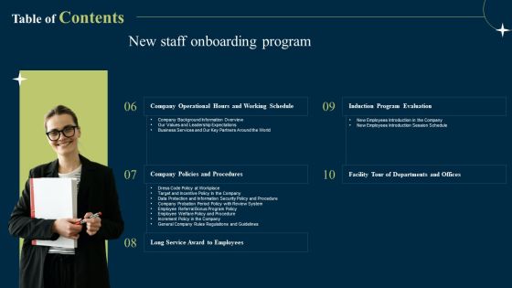 Table Of Contents New Staff Onboarding Program Diagrams PDF Slide02