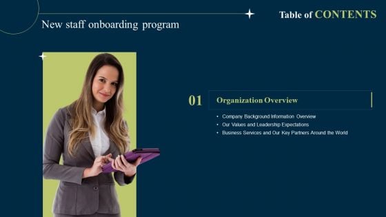 Table Of Contents New Staff Onboarding Program Values Demonstration PDF