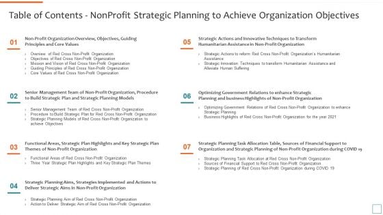 Table Of Contents Nonprofit Strategic Planning To Achieve Organization Objectives Brochure PDF