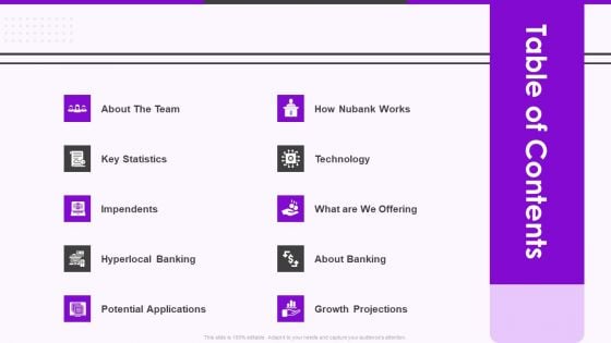 Table Of Contents Nubank Capital Raising Ppt Styles Show PDF