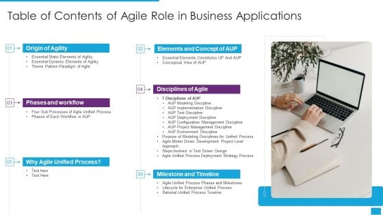 Table Of Contents Of Agile Role In Business Applications Mockup PDF