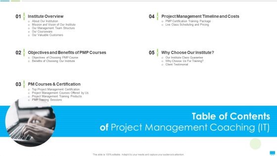Table Of Contents Of Project Management Coaching IT Information PDF